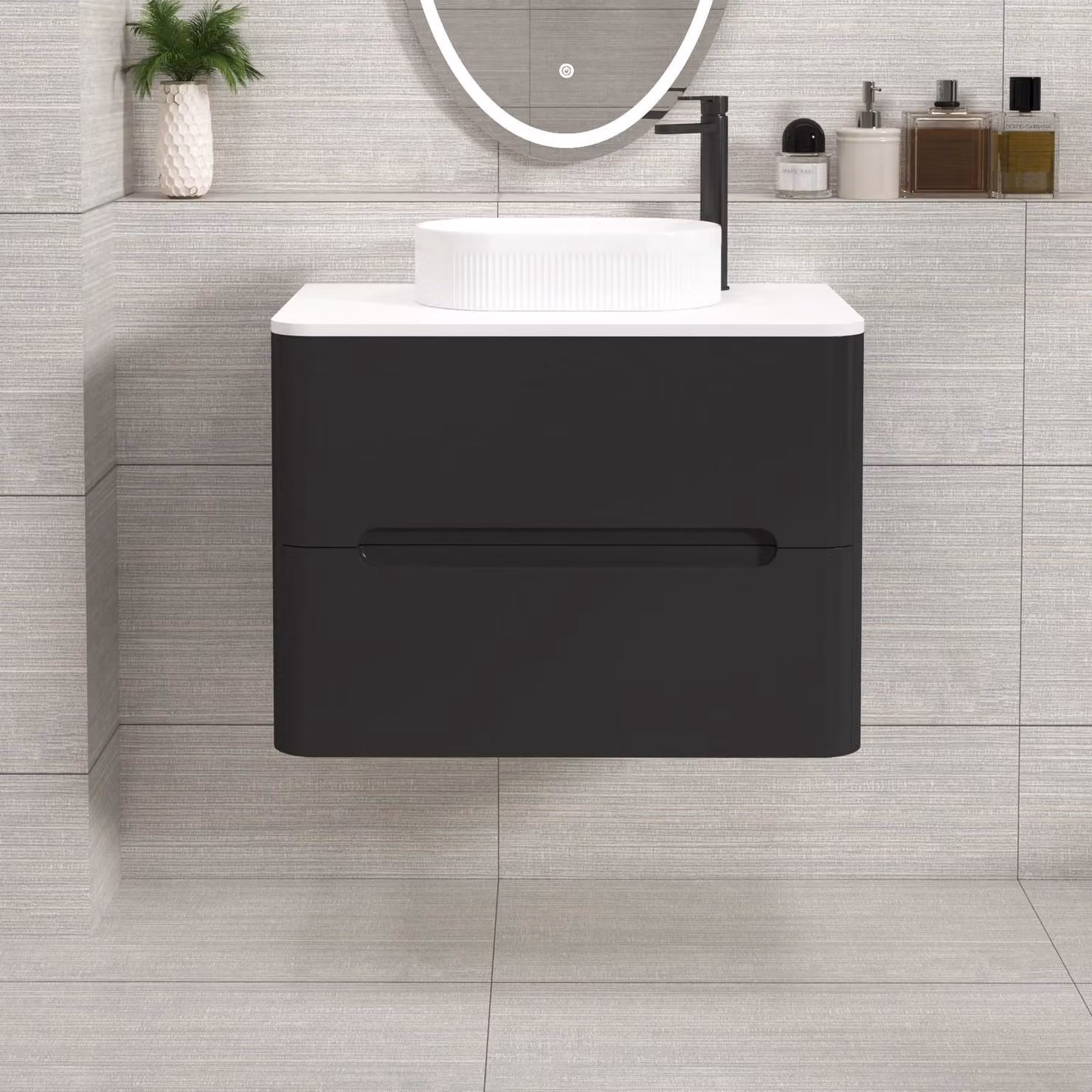 Royal Bathrooms Venice Matt Nocturne Black Wall Hung Vanity Unit with 2 Drawers and Plain White Undrilled Worktop
