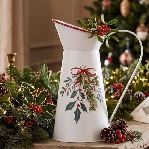 Homescapes White Metal Christmas Holly Sprig Decorative Jug, Height: 24.5 cm – 5