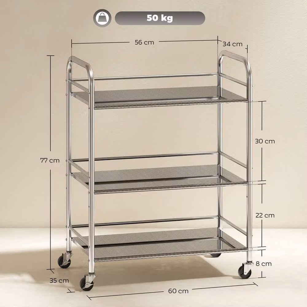 KORVIXA Stainless Steel Storage Trolley on Wheels in Silver, W/D/H: 60 x 35 x 77 cm – 2