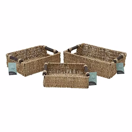 JVL Set of 3 Rectangular Seagrass Storage Baskets with Wooden Handles in Brown – 1