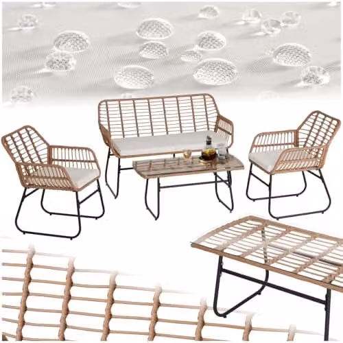 tectake 4-Piece Rattan Garden Furniture Set in Sand and Brown with 2-Seater Sofa, Lounge Armchair, Coffee Table and Upholstered Cushions – 1