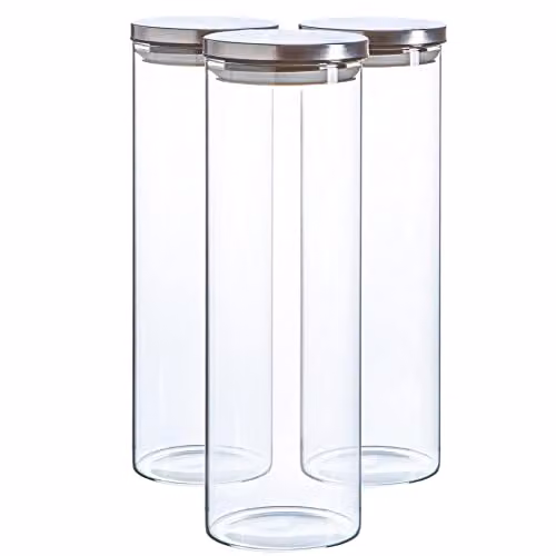 Argon Tableware Scandi Airtight Glass Storage Jars with Metal Lids, 2 Litre, 3 Pack, Silver and Transparent – 1
