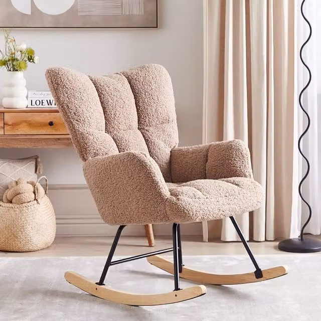 Wyld and Coco Sand Beige Boucle Rocking Chair with Rubberwood Frame