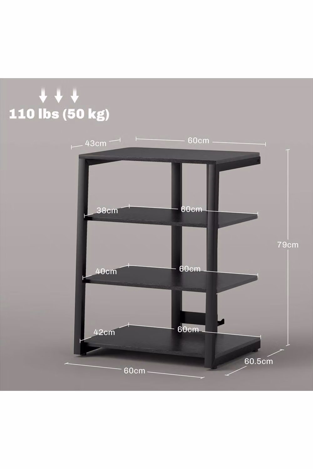 ERGOVEXA Modern Black Metal HiFi Stand with Four Adjustable Shelves and Media Compartments, W: 60.5 cm, H: 79.0 cm, D: 60.0 cm – 2