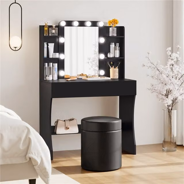 Yaheetech Modern Black Dressing Table Vanity Desk with Hollywood LED Mirror