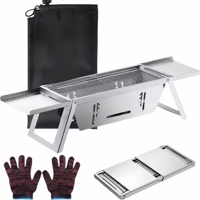 FLAVORA Folding Stainless Steel Charcoal Barbecue Tabletop Grill in Silver