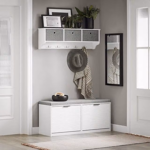 SoBuy Modern Shoe Cabinet with Seat and Lift-Up Tambour Doors in White or Black Matt – 1