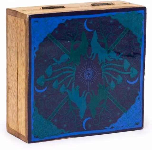 KDMD Hop Hare Medium Enamel Square Box with Wolf and Moon Design in Brown