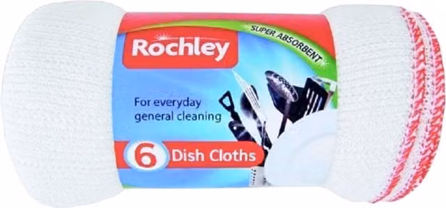 Rochley Bleached Dish Cloths, White, Pack of 6