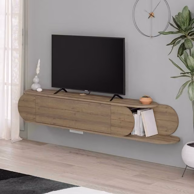 FWStyle Modern Wall Mounted TV Unit in Dark Oak Brown with Push To Open Mechanism – 1