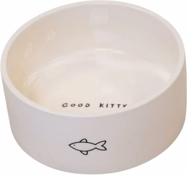 Four Candle White Ceramic Cat Bowl with Fish Design, Diameter: 16 cm
