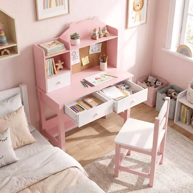 SPETLEK Pink Wooden Desk and Chair Set for Home Office