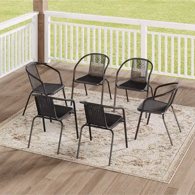 Set of 6 Komore Stackable Black PE Rattan and Metal Garden Chairs with Matt Rustic Finish