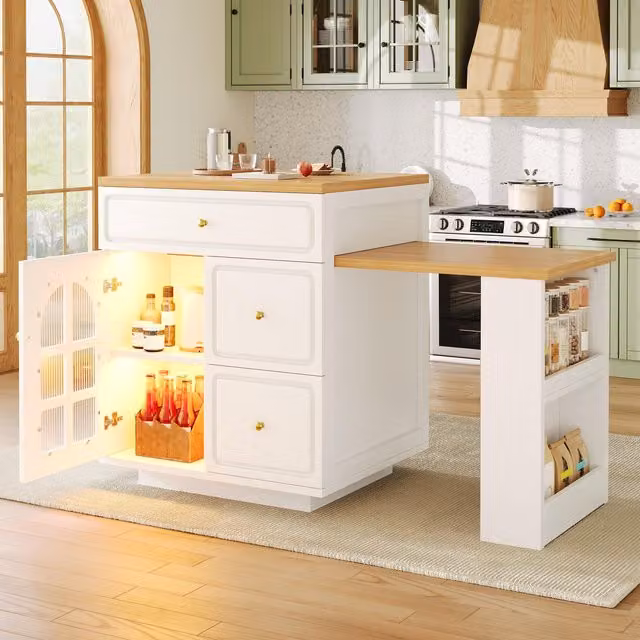 Aosom UK Extendable Kitchen Island with LED Colour Lighting, White Dining Bar with 4 Drawers and Open Shelf, L 195.5 x W 70 x H 93.5 cm
