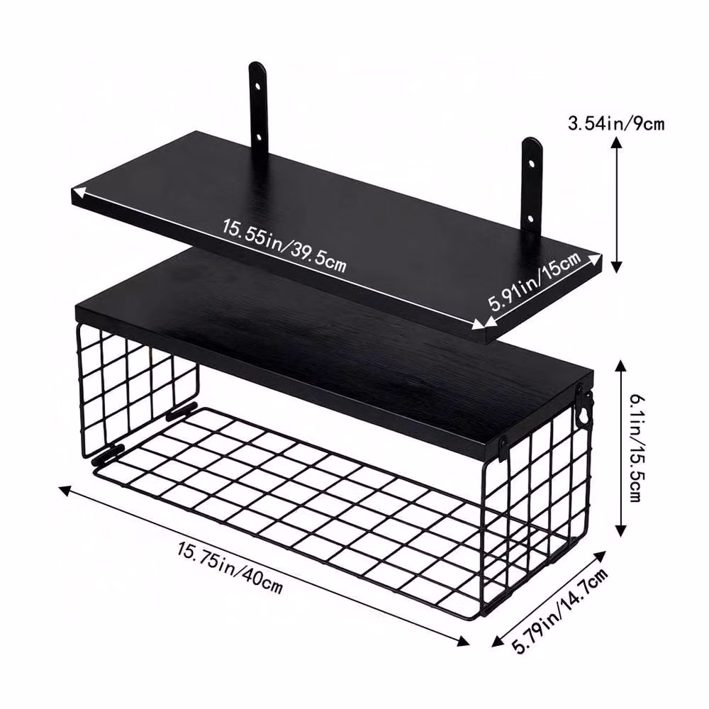 Kelvenix Black Industrial Wall Mounted Floating Storage Shelves with 2 Shelves and 1 Basket – 2
