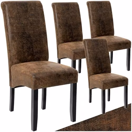 tectake Set of 4 Dining Chairs in Brown with Synthetic Leather and Wood Legs