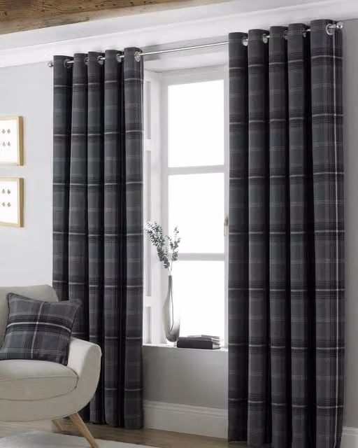 Terrys Checked Grey and Black Opaque Eyelet Curtains