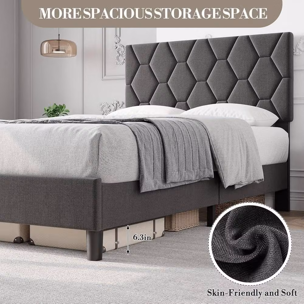 London Boutique Modern Double Size Upholstered Platform Bed Frame with Headboard in Grey, W/D/H: 140 x 200 cm – 3
