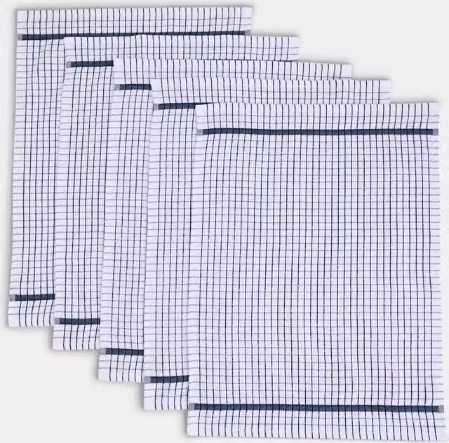 M&S Set of 5 Highly Absorbent Checked Terry Tea Towels in Blue and White with Hanging Loops