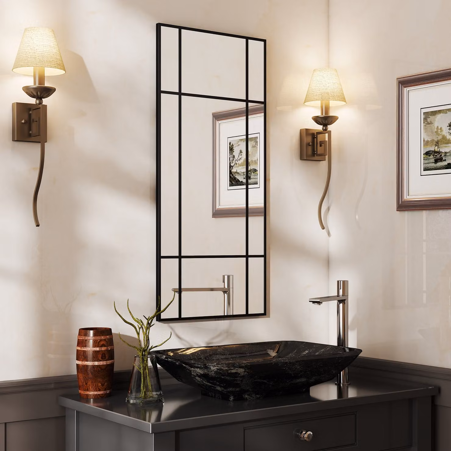 HOMCOM Modern Geometric Black Decorative Grid Wall Mirror with Hanging Hooks – 1
