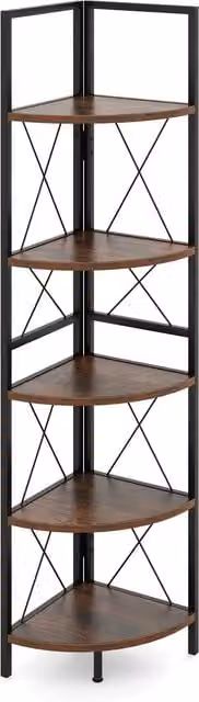 COSTWAY 5 Tier Rustic Brown Corner Bookshelf and Freestanding Storage Shelves