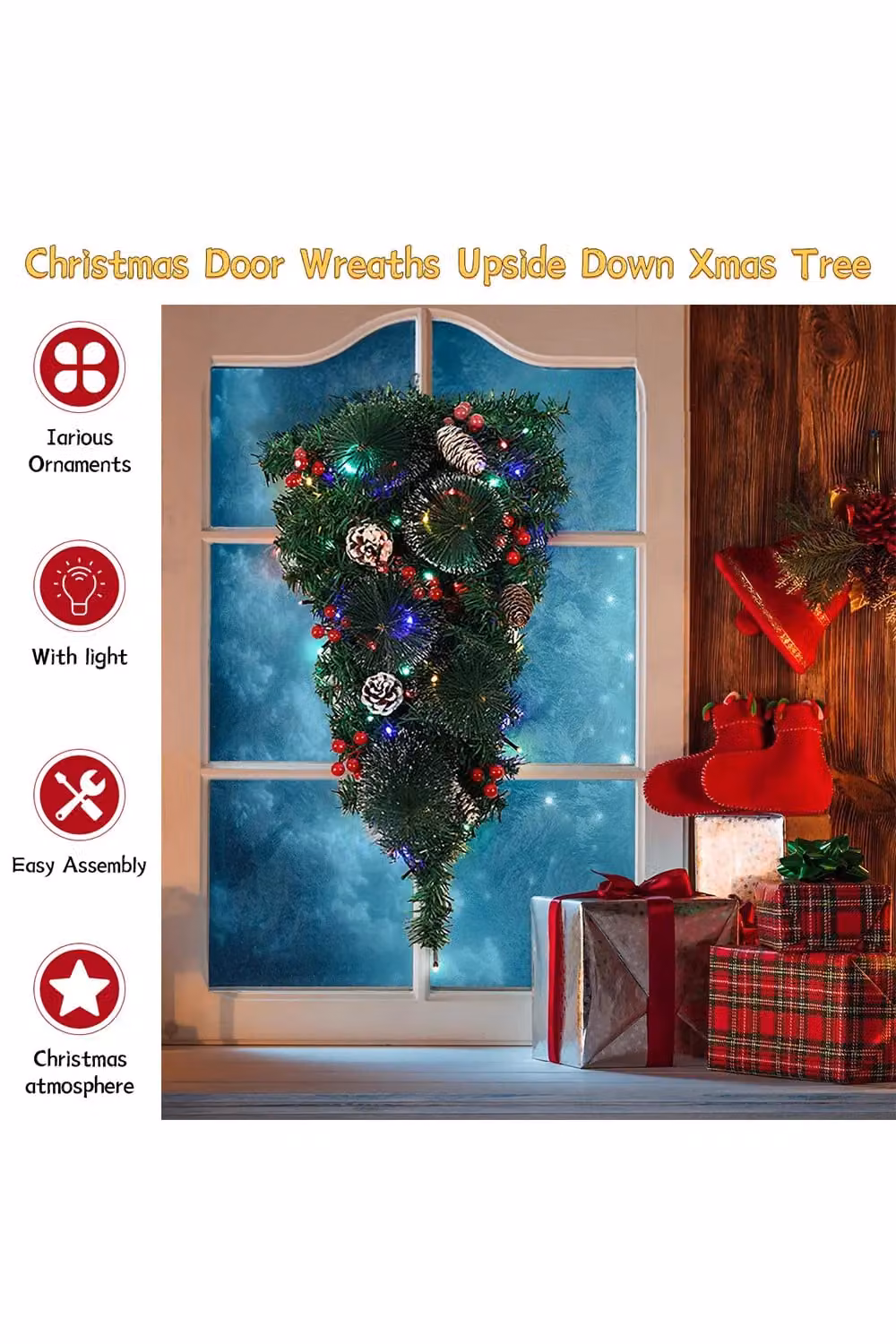 Living and Home 60cm Artificial Christmas Teardrop Hanging Pendant with Red Berries, Frosted Pine Cones and Colourful String Lights in Red and Green – 2