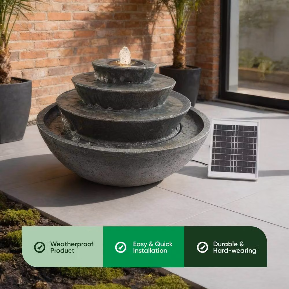 Gardenwize Solar Tiered Stacked Bowl Cascade Water Feature in Dark Grey with Warm White LED Lights and Battery Backup, H 54.0 cm x W 32.5 cm x D 54.0 cm – 3