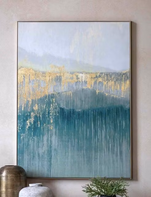 Gallery Direct Early Morning Horizon Abstract Landscape Framed Canvas Wall Art in Teal, Green, Gold and Blue