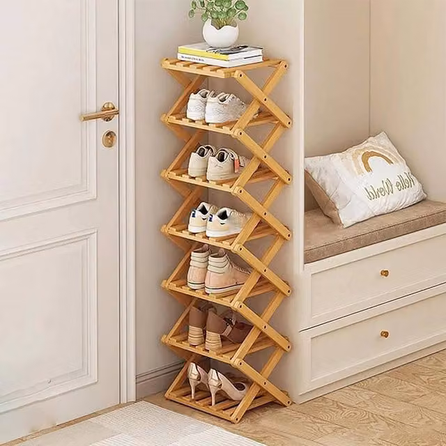 Kelvenix 7-Tier Foldable Bamboo Wood Shoe Rack in Brown – 1