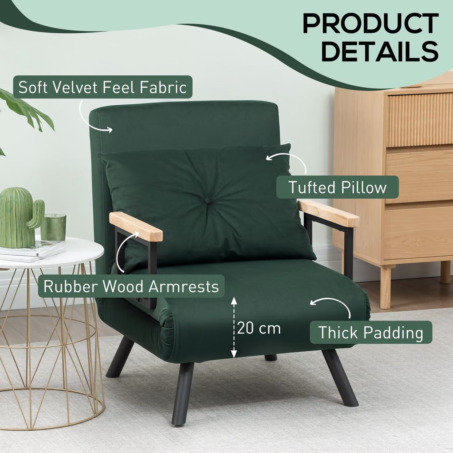 HOMCOM 4-in-1 Green Velvet Single Chair Bed with Armrests and Pillow – 6