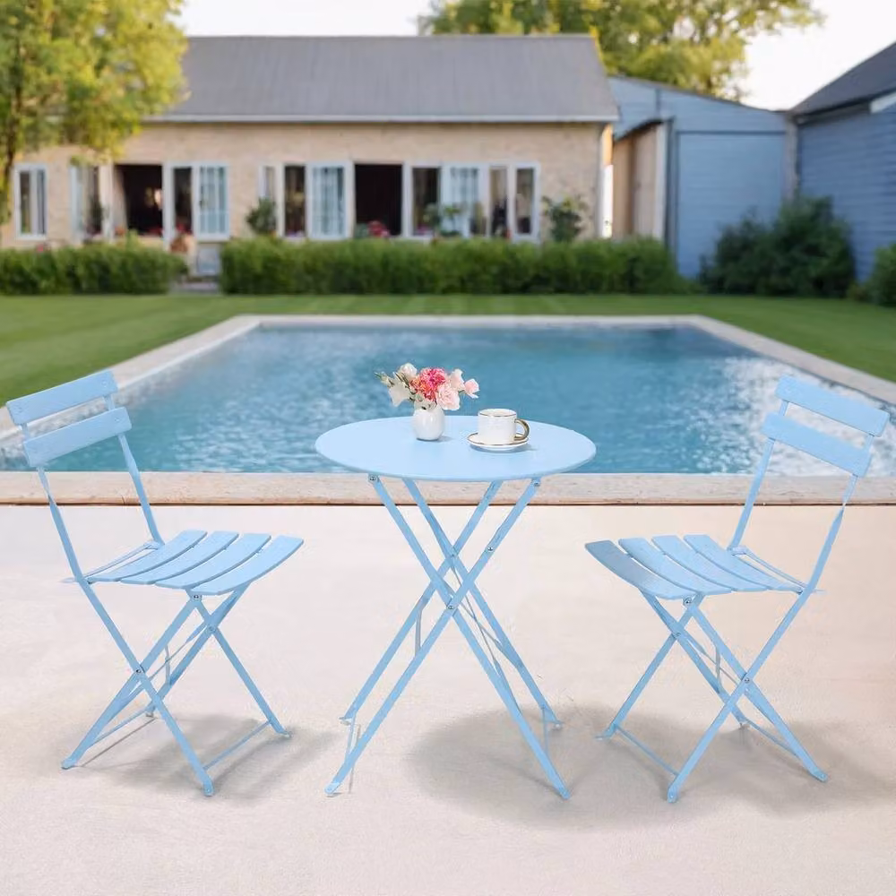 PAWNORA 3-Piece Blue Metal Folding Bistro Set with Round Table and Chairs for Garden, Balcony or Terrace – 3