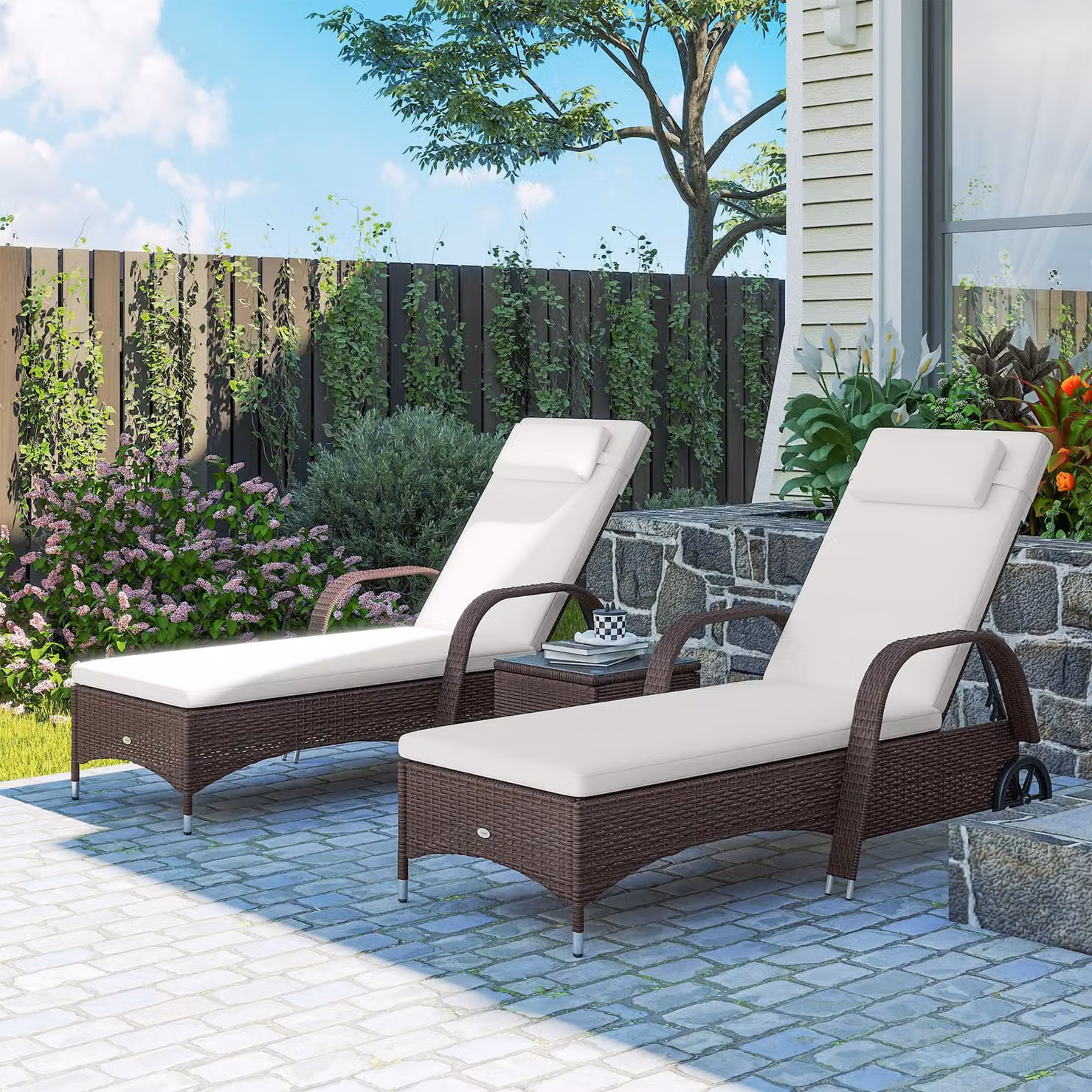 Outsunny 3 Piece Brown PE Rattan Patio Lounge Chair Set with Cushions and Castors – 1