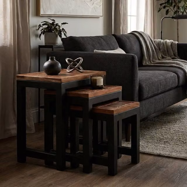 Orsina Set of Three Modern Acacia Wood and Metal Nesting Tables in Brown and Black