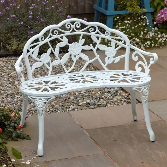 Home Source Cast Aluminium 2 Seater Garden Bench with Floral Metal Frame in White – 1