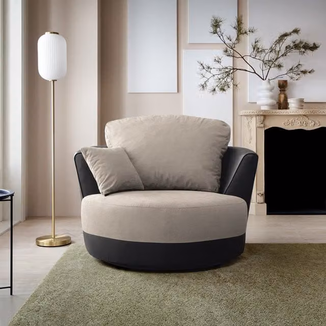 Abakus Direct Dylan Swivel Lounge Chair in Sand and Brown with Armrests and Solid Wood Frame