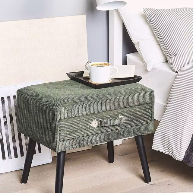 Wyld and Coco Dark Green Corduroy Side Table with Hidden Storage W: 46 cm, D: 50 cm, H: 35 cm – 1