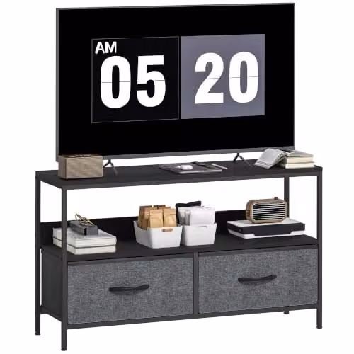 HOMCOM Industrial Black Metal TV Cabinet with Media Compartments and 2 Foldable Linen Drawers, W/D/H: 98.0 x 29.0 x 56.0 cm – 1