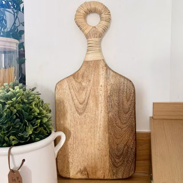 Boho Living Rectangular Natural Wood Chopping Board with Handle in Brown