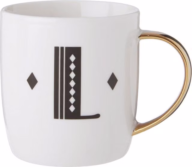 Orsina Diamond Deco L Letter Monogram Bone China Mug in Black, White and Gold