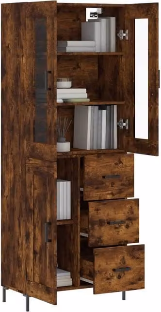 Berkfield Home Smoked Oak Highboard in Brown with Glass Doors, W: 69.5 cm, D: 34 cm, H: 180 cm