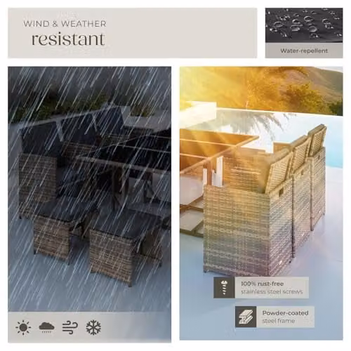 tectake Polyrattan Garden Furniture Set in Nature with Steel Base, Including 1 Table, 6 Dining Chairs and 4 Stools for Up to 10 People – 5