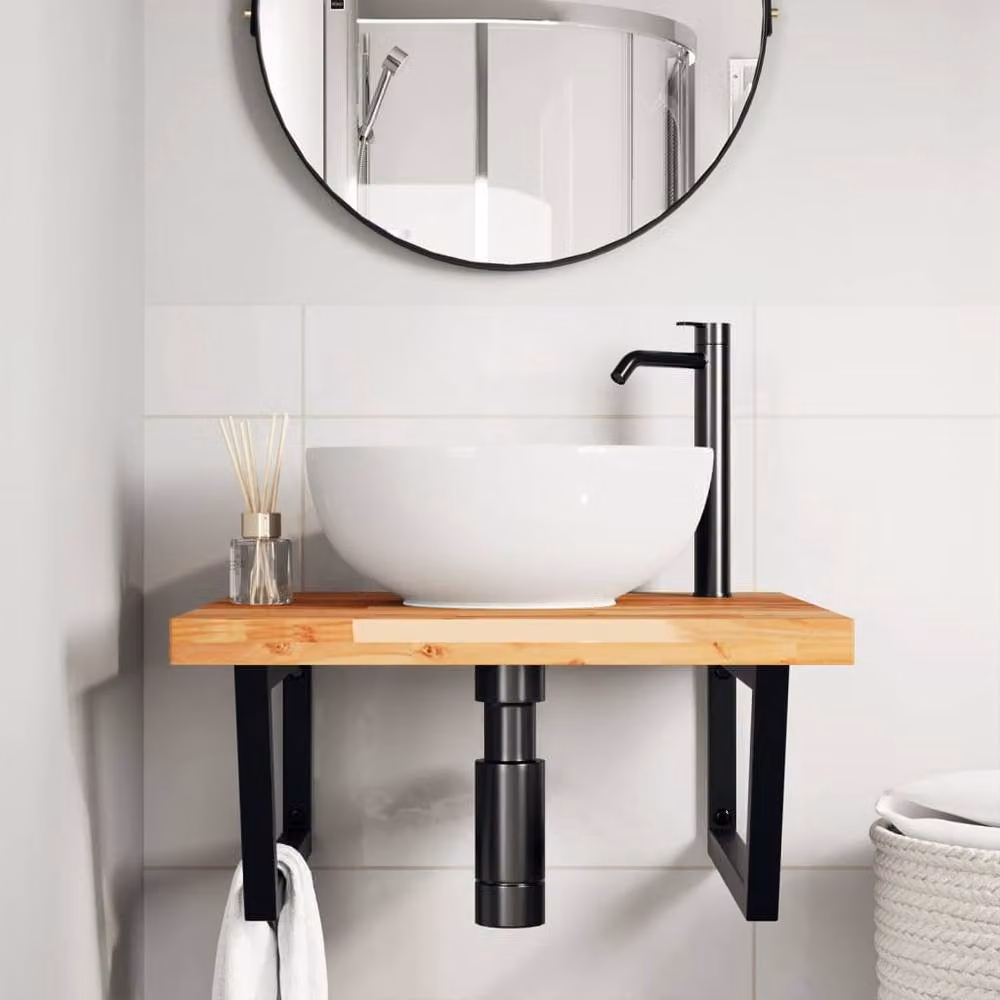Berkfield Home Wall Mounted Basin Shelf in Brown Acacia Wood and Steel – 2