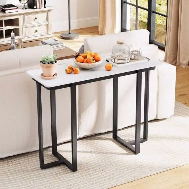 KORVIXA Modern Narrow White Marble and Metal Console Table with Geometric Design, Width: 100 cm