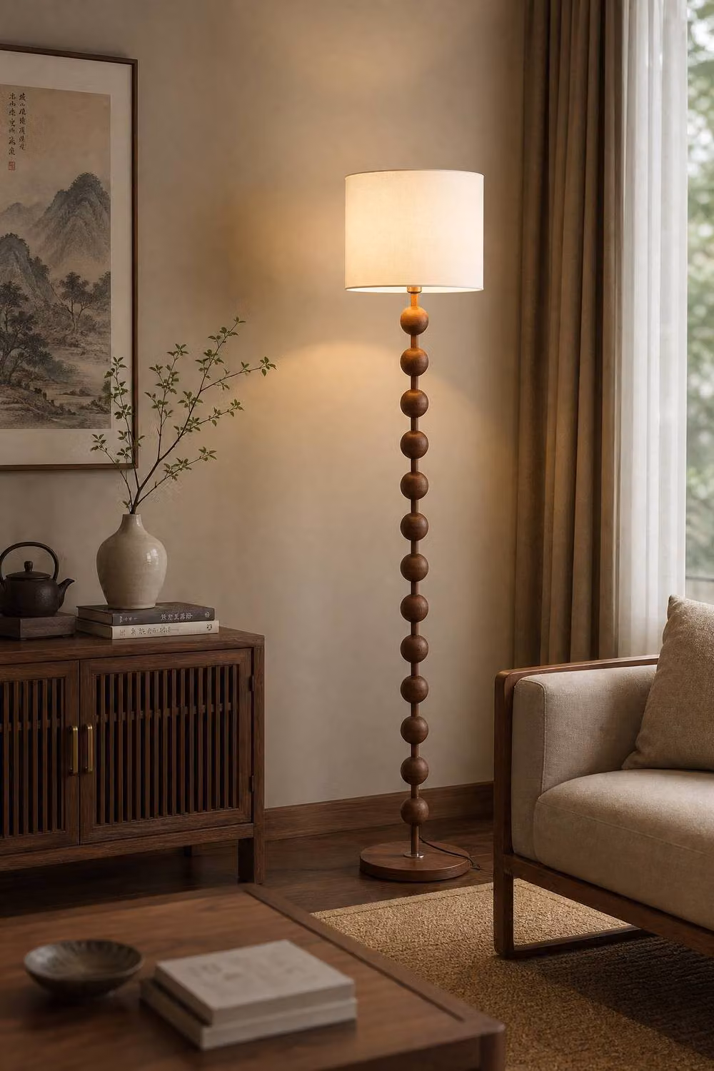 Garden Sanctuary Modern Chinese Floor Lamp with Brown Wood Base and White Fabric Shade – 2