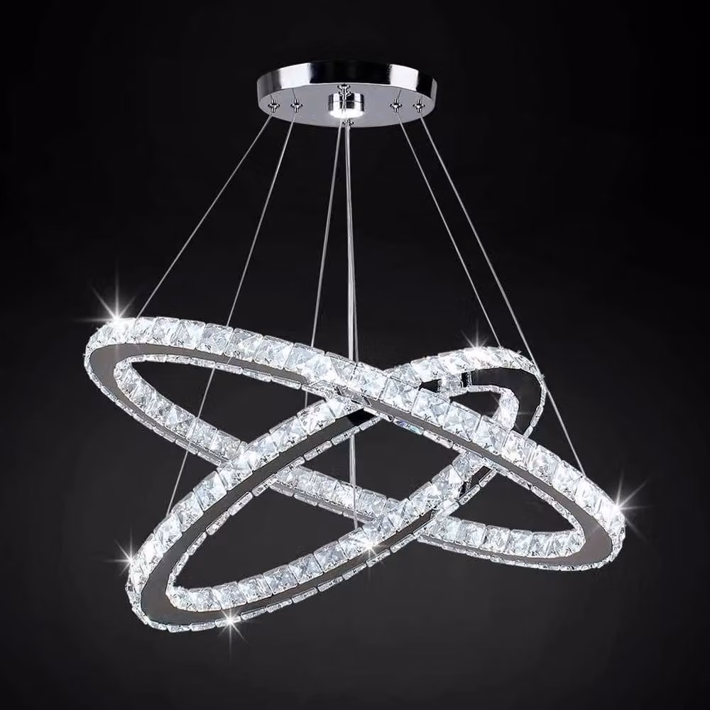 FLAVORA Modern Dual Ring Crystal LED Pendant Chandelier in Silver – 6