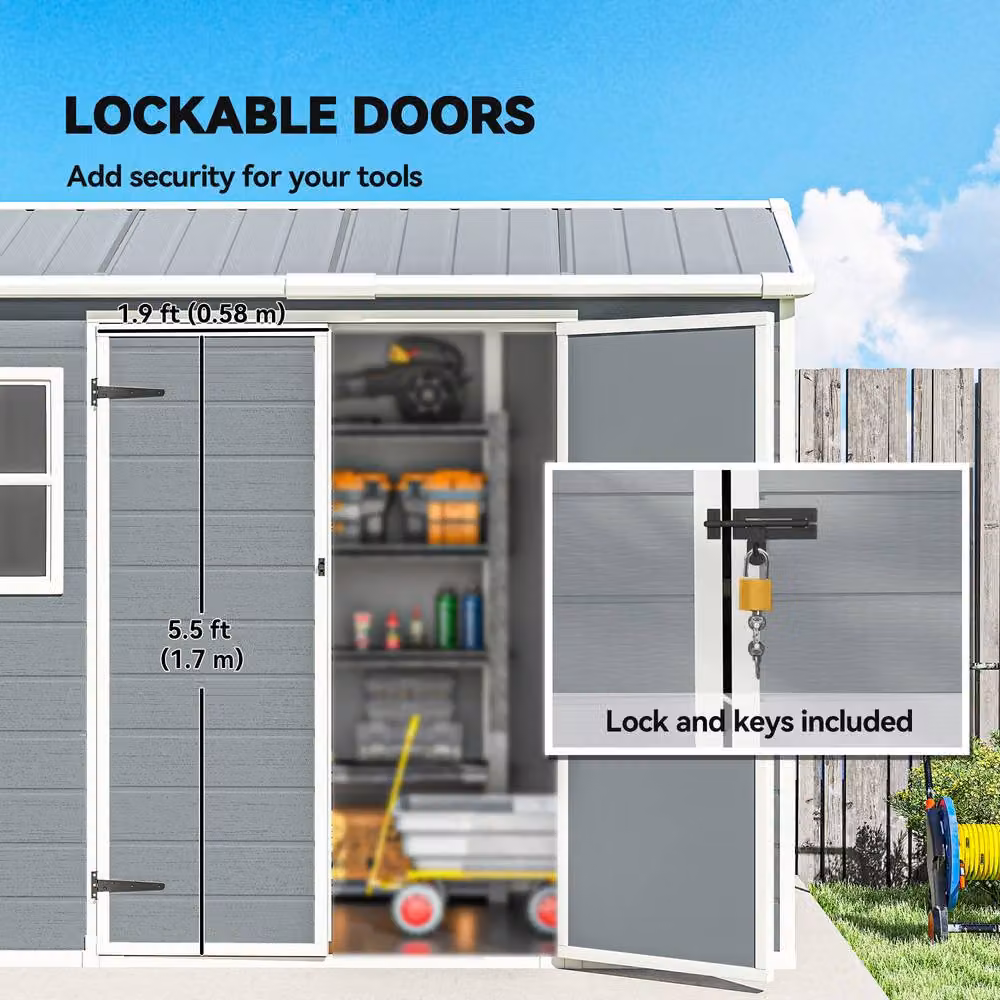 Outsunny Resin Garden Shed with Floor and Lockable Double Doors in Light Grey – 6