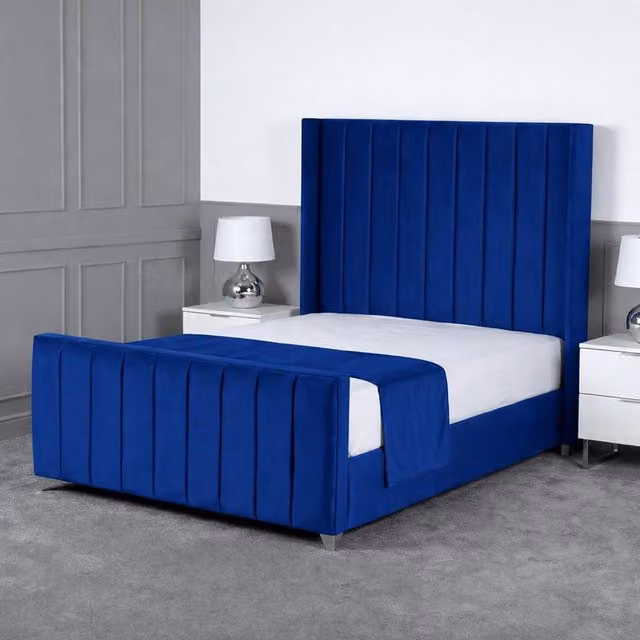 Living Comfort Bedz Imperial Winged Gas Lift Storage Upholstered Velvet Bed in Blue, Size: Double (140 x 200 cm)