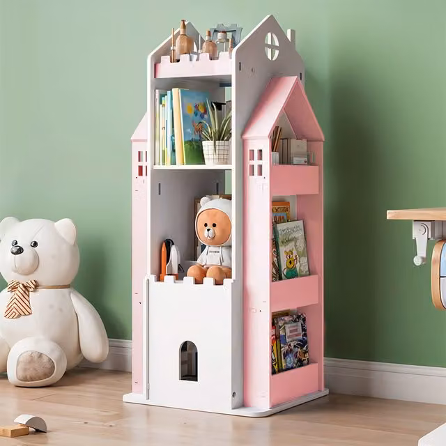 Livingandhome 4-Tier Castle-Style Swivel Rotating Bookcase for Children in White and Pink