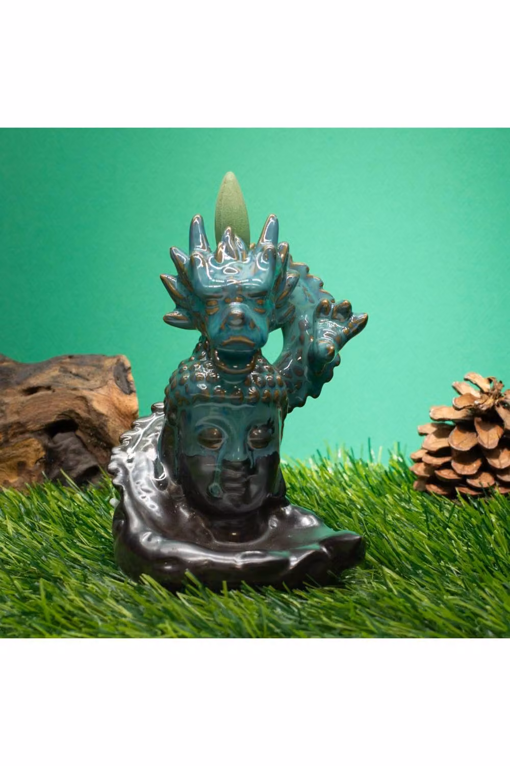 KDMD Dragon Over Buddha Backflow Incense Burner in Turquoise Glazed Ceramic – 2