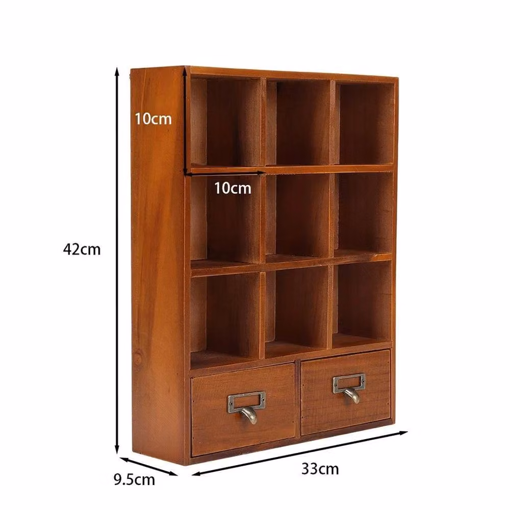 Kelvenix Brown Wooden Desktop Storage Organizer with 9 Cubbies and 2 Drawers – 2
